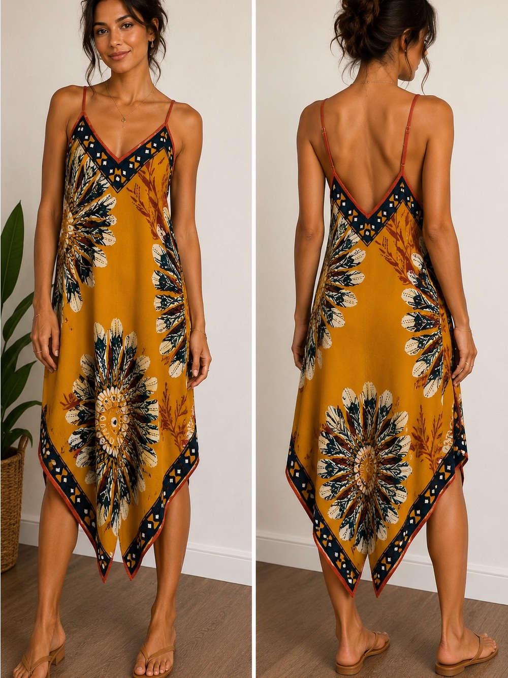 Jealous Tomato Mustard Floral Handkerchief Hem Midi Dress